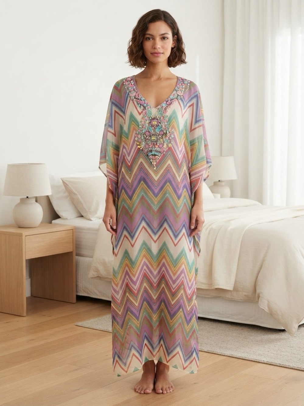 Lucky &Coco Embellished Chevron Maxi Caftan - Size L